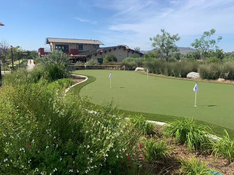 A putting green bordered by flowers
